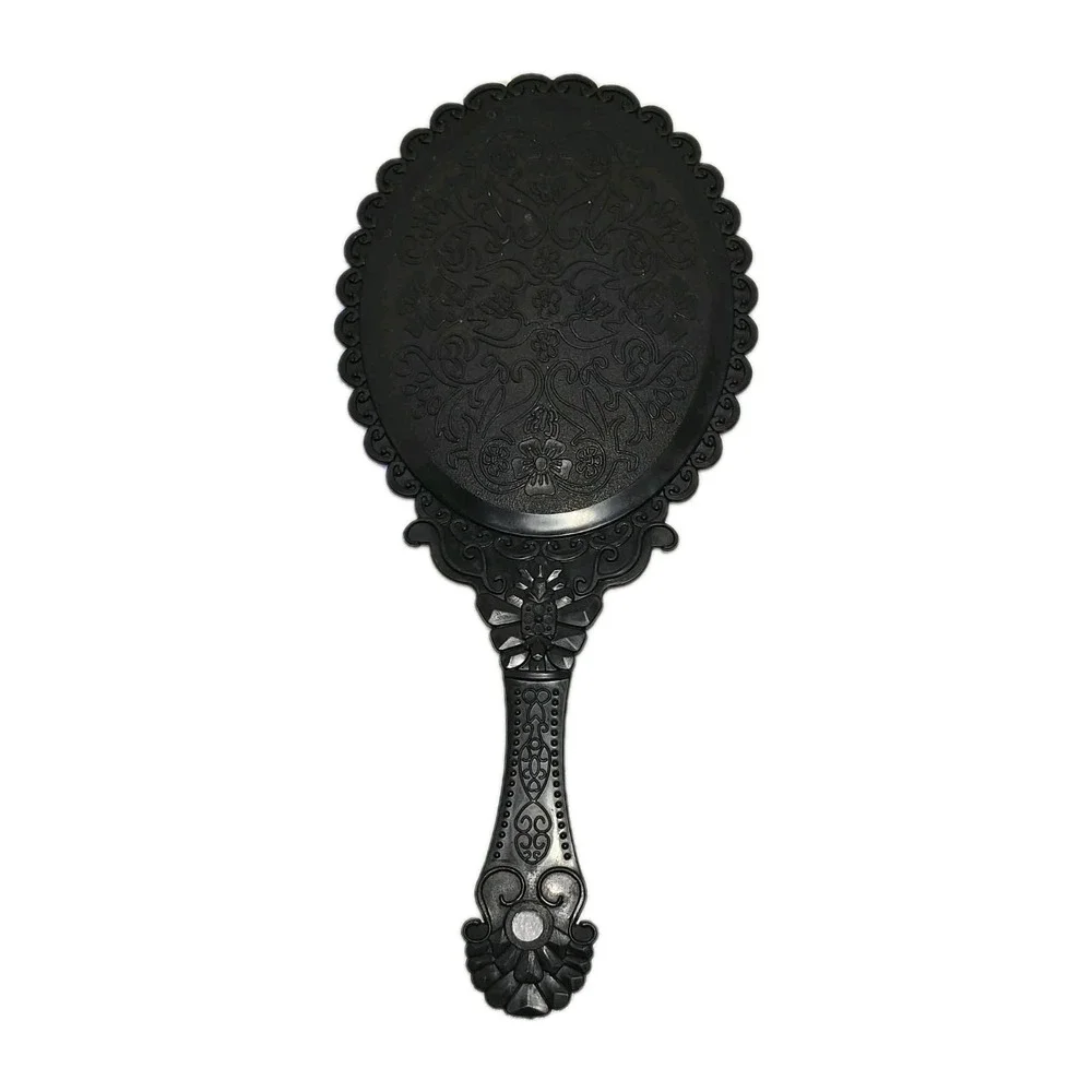 🪞‎ Vintage Style Black Handheld Vanity Mirror Ornate Floral Handle Plastic EUC